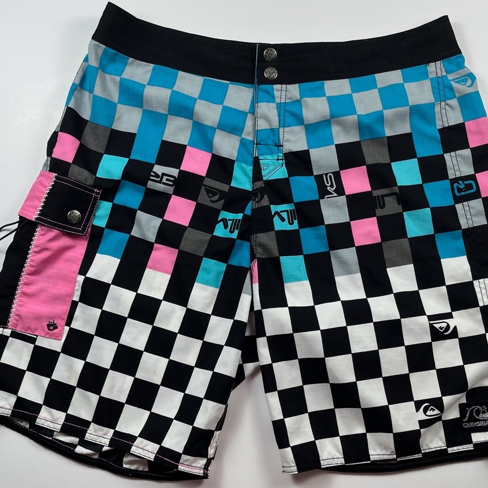 Quiksilver Mens Board Shorts 36 Checkered Blue Pink Black Ripstop Swim Trunks